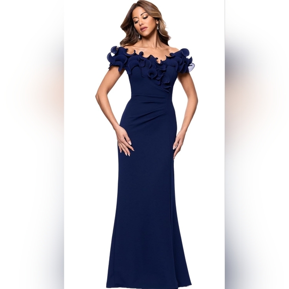 NEW! Xscape Ruffled Off The Shoulder Navy Blue Gown